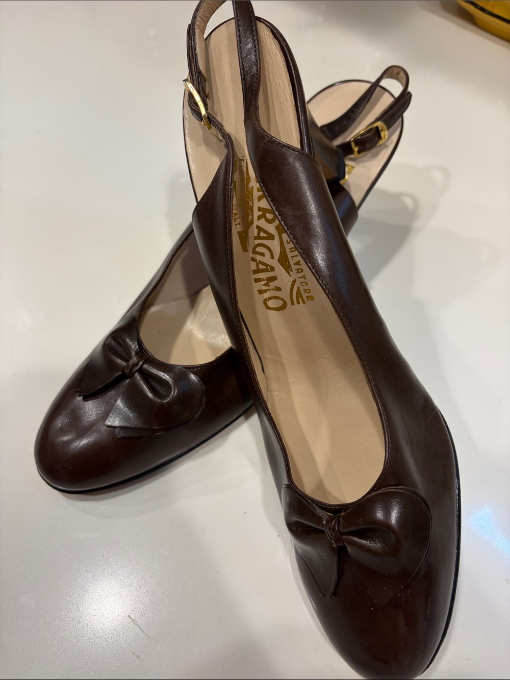 Salvatore Ferragamo Dark Brown Leather Slingback Bow Mules